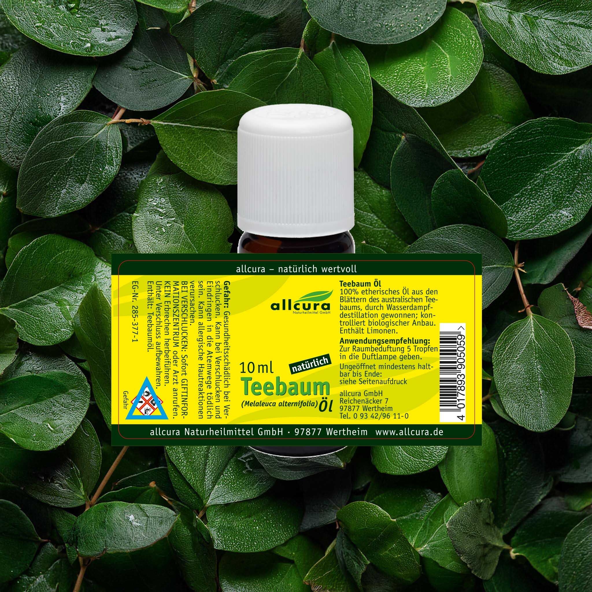 Glasflasche mit Etikett, umgeben von Blättern. Etikett mit Text: allcura Teebaum Öl, 10 ml.