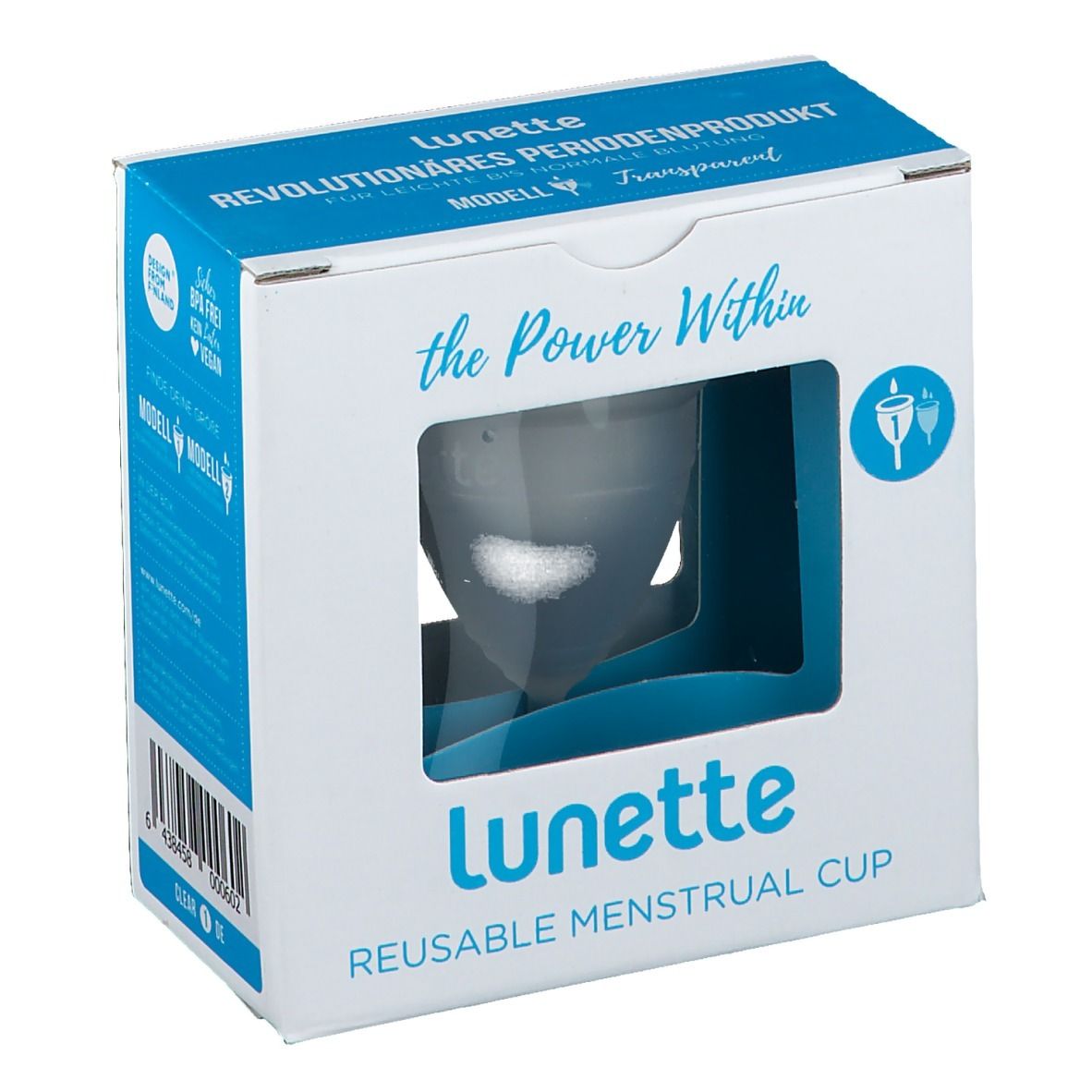 Boîte avec coupe menstruelle. Marque : Lunette. Texte : PRODUIT MENSTRUEL RÉVOLUTIONNAIRE. Modèle transparent.