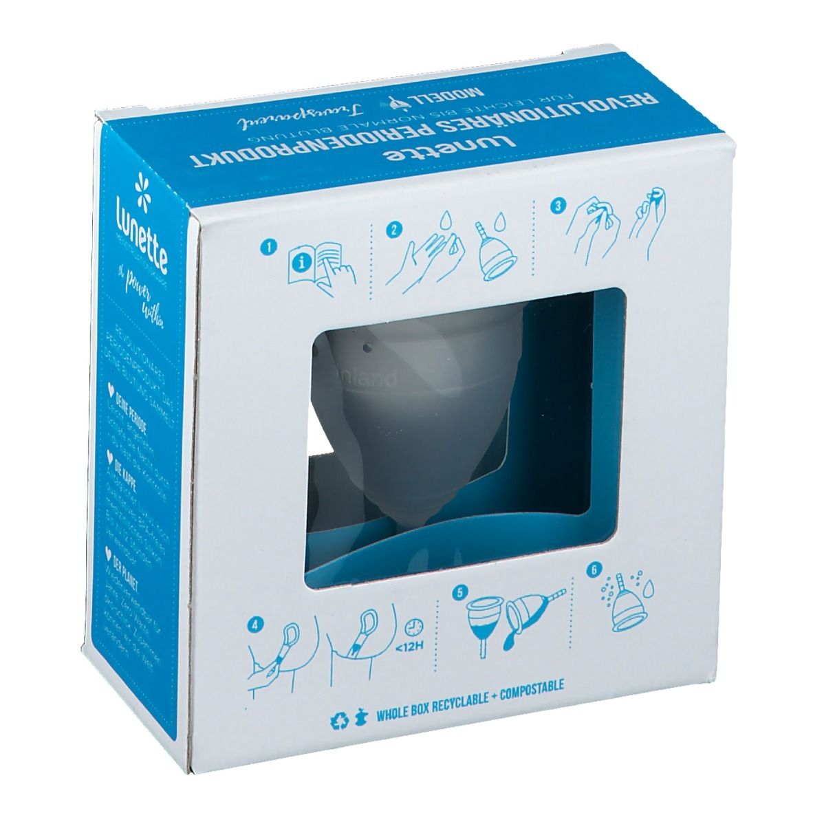 Boîte avec coupe menstruelle. Marque : Lunette. Texte : PRODUIT MENSTRUEL RÉVOLUTIONNAIRE. Illustrations.