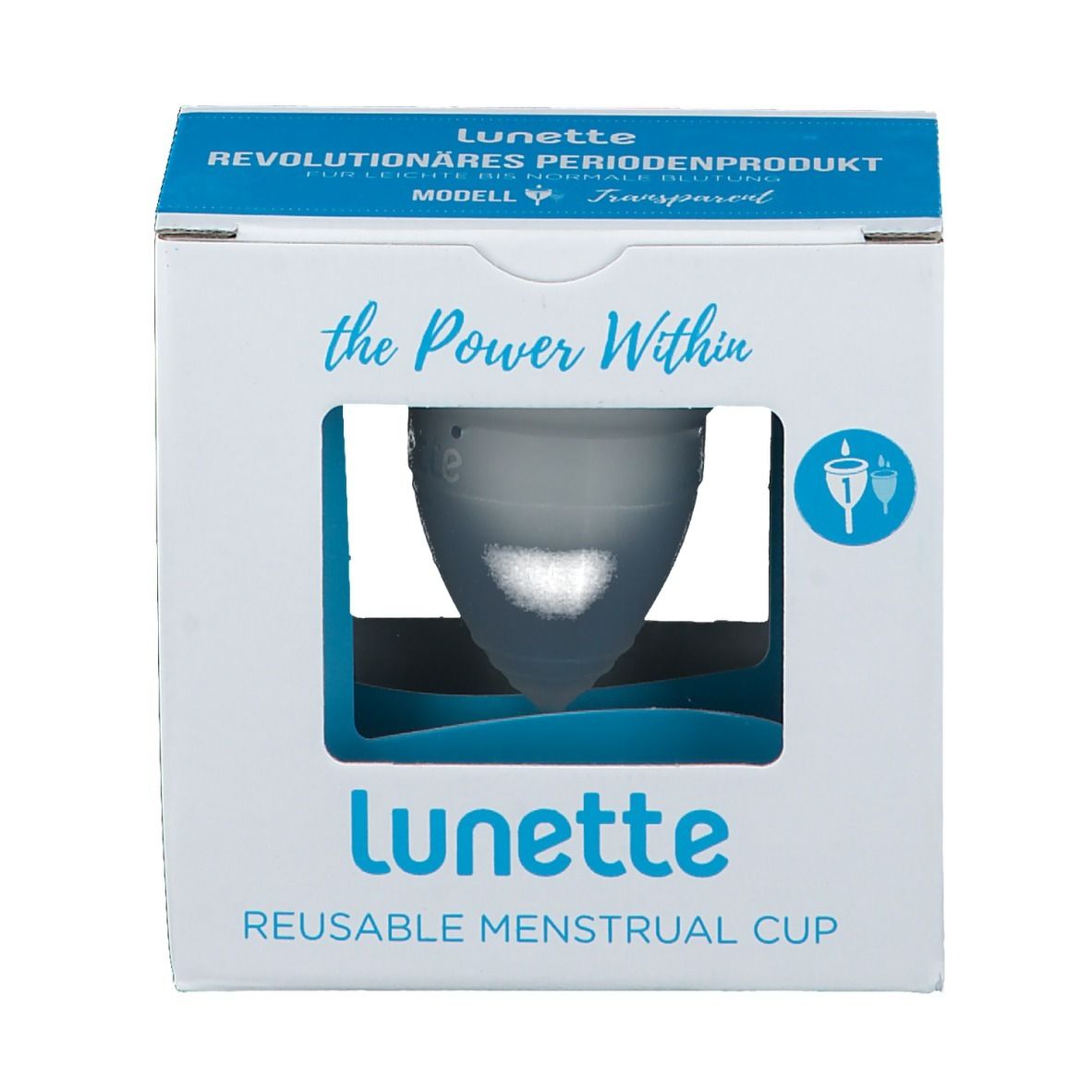 Boîte avec coupe menstruelle. Marque : Lunette. Texte : REUSABLE MENSTRUAL CUP. Modèle transparent.