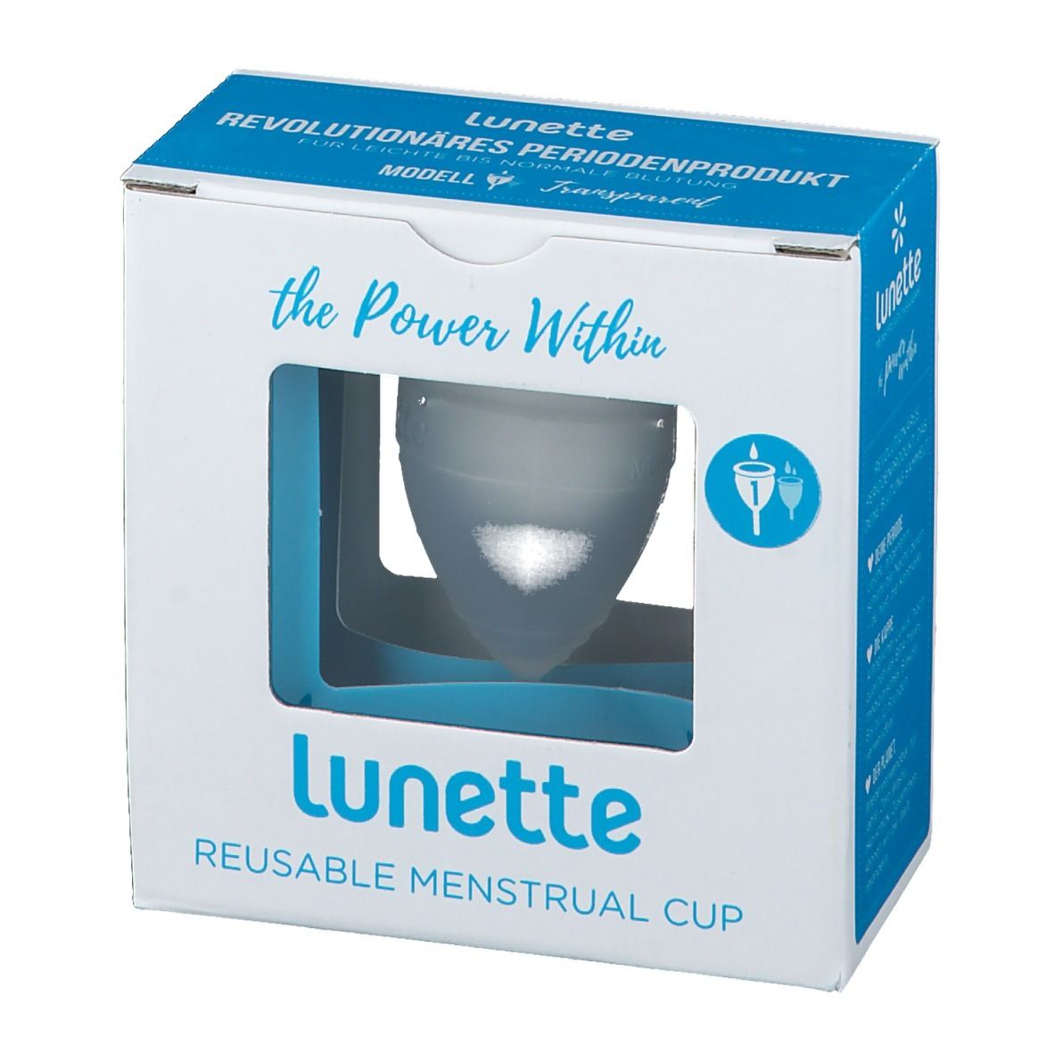 Boîte avec coupe menstruelle. Marque : Lunette. Texte : REUSABLE MENSTRUAL CUP. Modèle transparent.