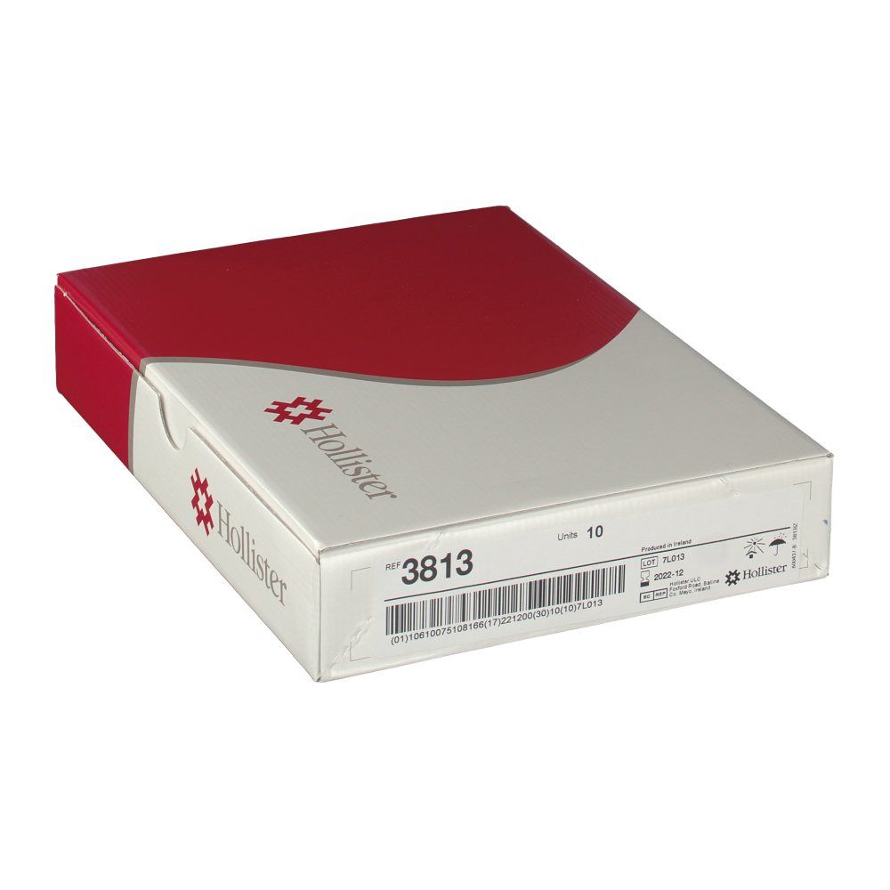 Verpackung von Hollister Auffangbeuteln. Weiß-roter Karton mit Logo und Produktnummer 3813. Enthält 10 Beutel. Barcode und CE-Kennzeichnung.