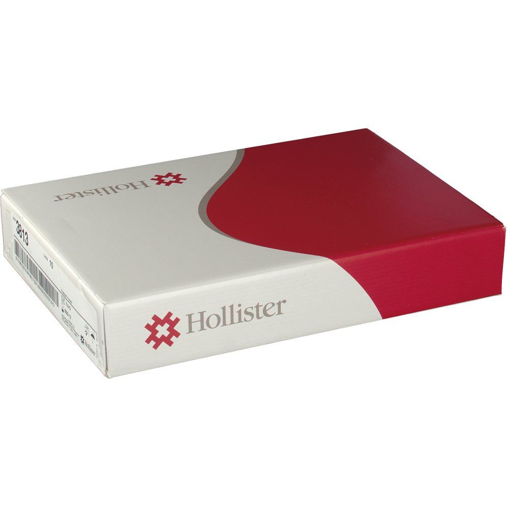 Geschlossene Verpackung von Hollister Auffangbeuteln. Weiß-roter Karton mit Logo. Produktnummer 3813 ist sichtbar. CE-Kennzeichnung.