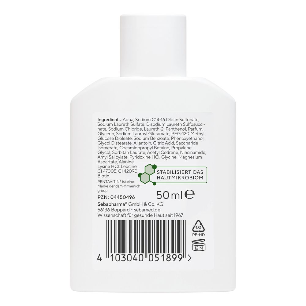 Dos du flacon blanc. Liste des ingrédients, 50 ml, code-barres, logo. Stabilise le microbiome cutané. Fabriqué en Allemagne.