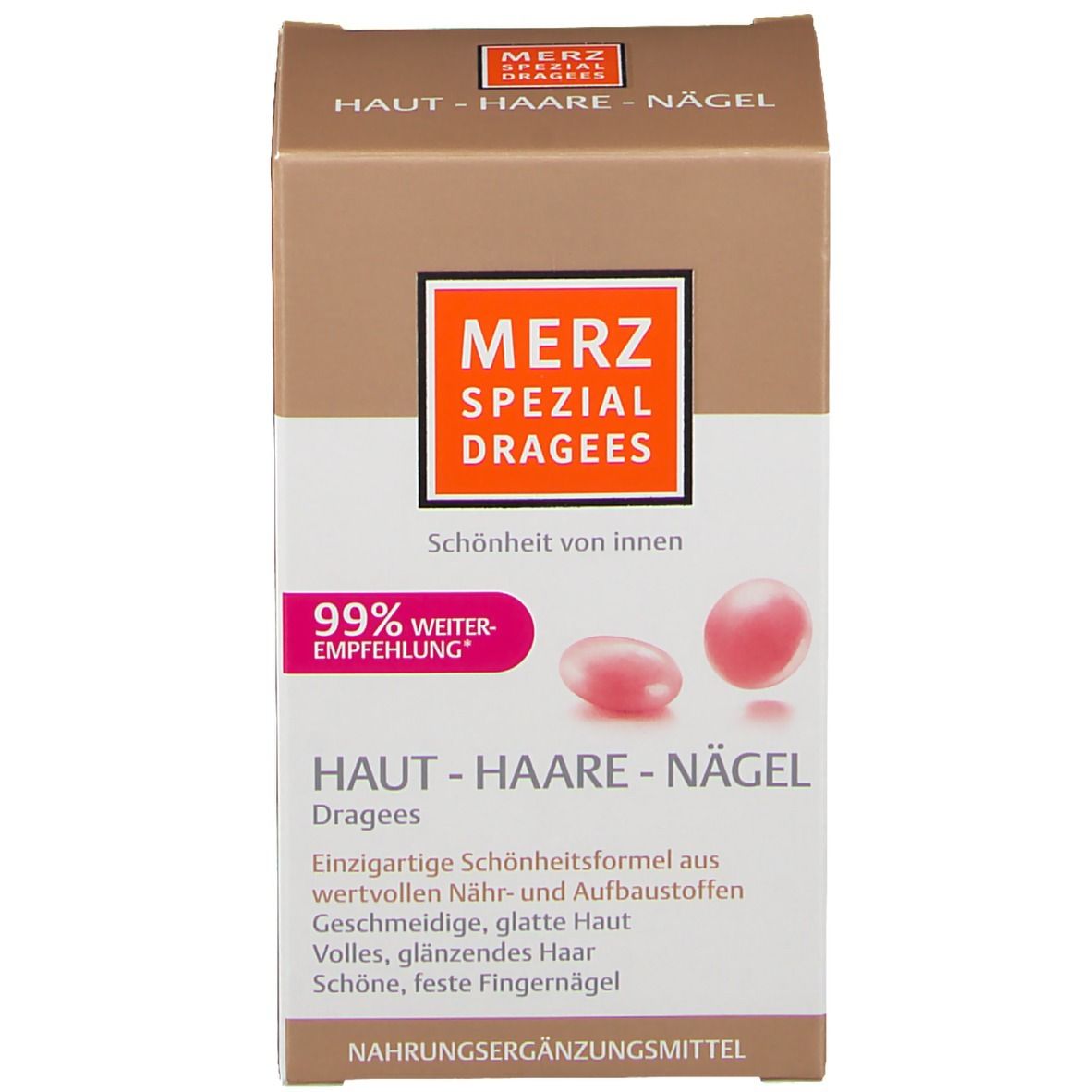 Merz Spezial Dragees Verpackung. Braun-weiß, mit Produktnamen und Dragees-Abbildung.