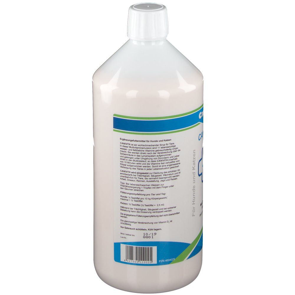 Weiße Flasche, Seitenansicht. Etikett mit Produktinformationen und Barcode. Weißer Schraubverschluss. Produkt ist leicht milchig.