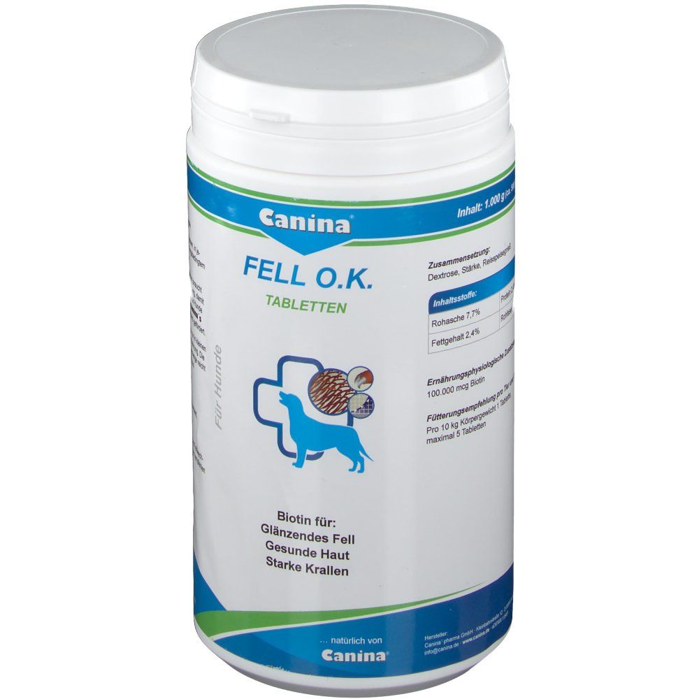 Weiße Dose mit blau-weißem Etikett. Aufschrift: Canina Fell O.K. Tabletten. Illustration eines Hundes und Informationen zu Inhaltsstoffen.