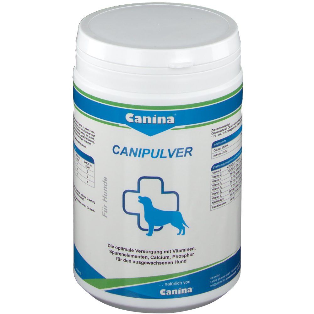 Weiße Dose mit blau-grüner Banderole. Aufschrift: Canina, CANIPULVER. Logo: Hund im Kreuz. Text: Für Hunde. Dose mit Deckel.