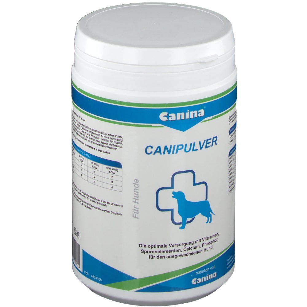 Weiße Dose mit blau-grüner Banderole. Aufschrift: Canina, CANIPULVER. Logo: Hund im Kreuz. Text: Für Hunde. Dose mit Deckel.