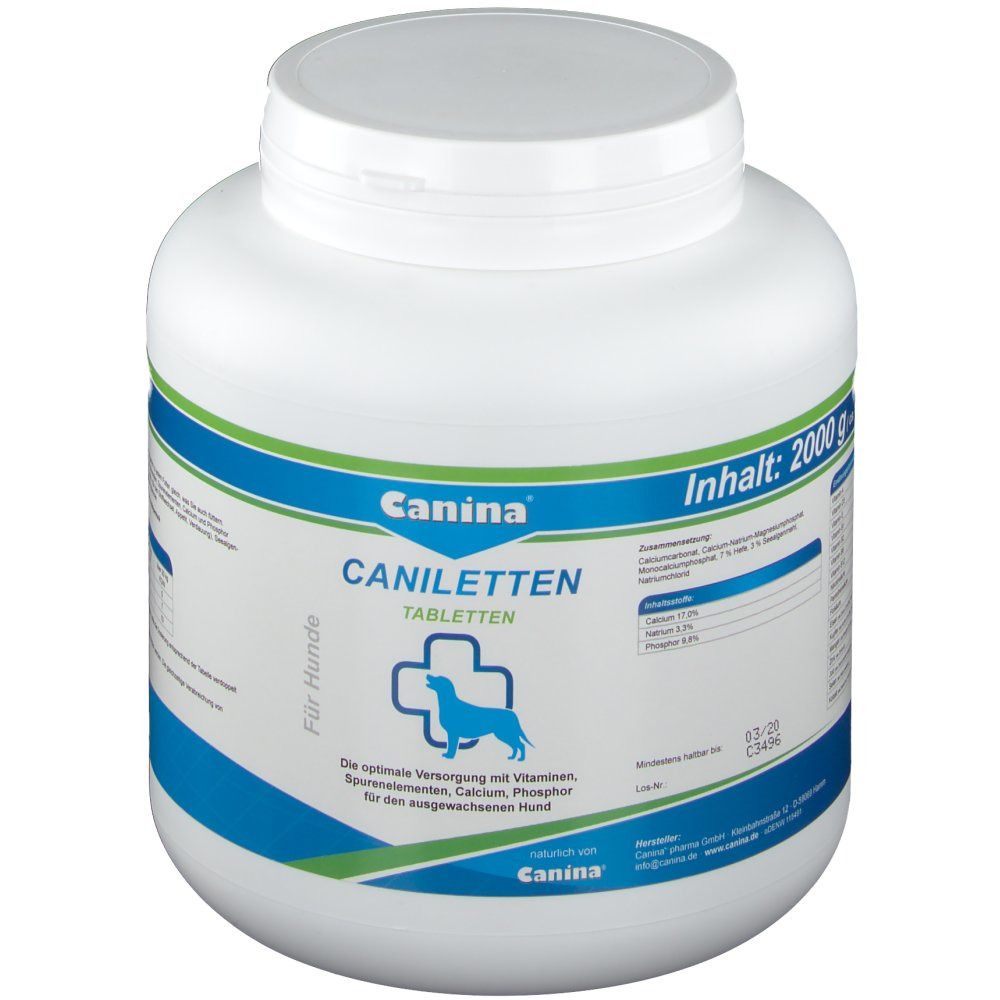 Weiße Dose mit blau-grüner Beschriftung. Aufschrift: Canina CANILETTEN Tabletten. Logo: Hund mit Kreuz. Inhalt: 2000 g.