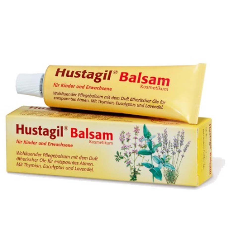 Tube et boîte de Hustagil® Balsam. Tube et boîte jaunes avec nom et texte du produit.