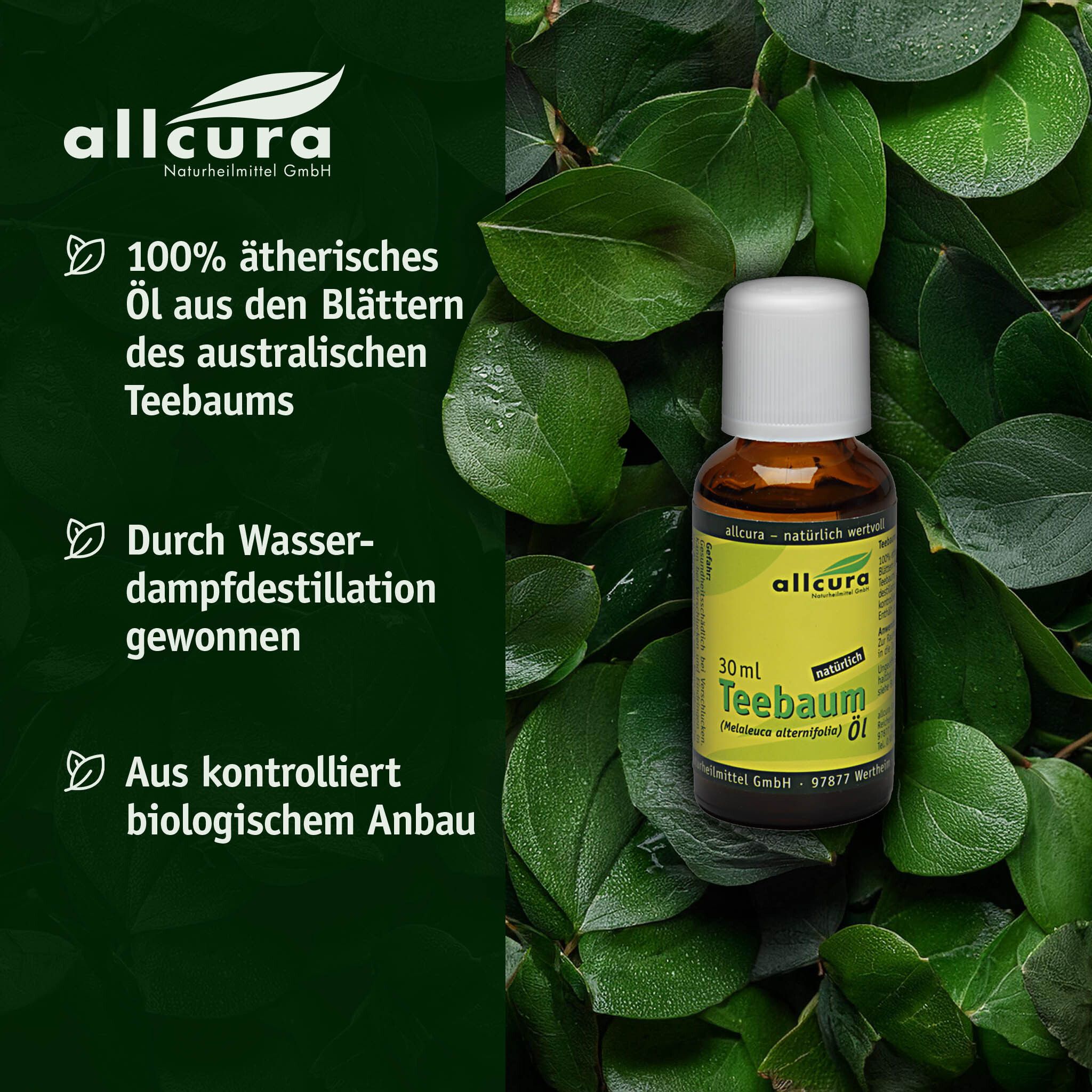 Produktflasche vor grünem Hintergrund. Text: 100% ätherisches Öl, Wasserdampfdestillation, kontrolliert biologischer Anbau.