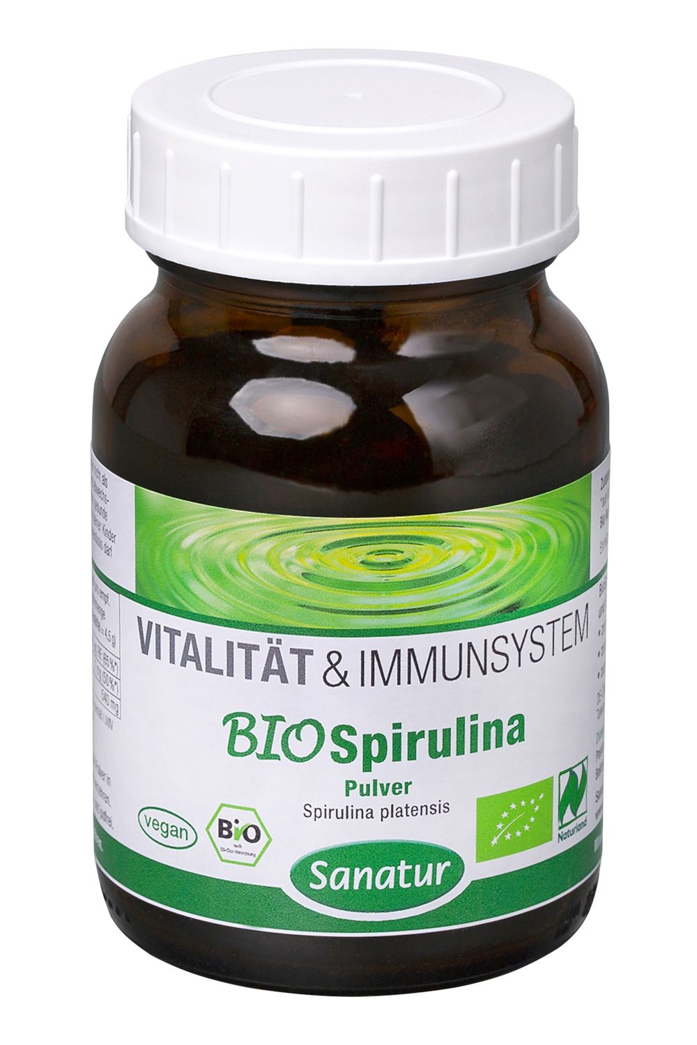 Flacon en verre brun avec couvercle blanc. Étiquette avec "Bio Spirulina Pulver", "Vitalität & Immunsystem" et logo Sanatur. Label bio.