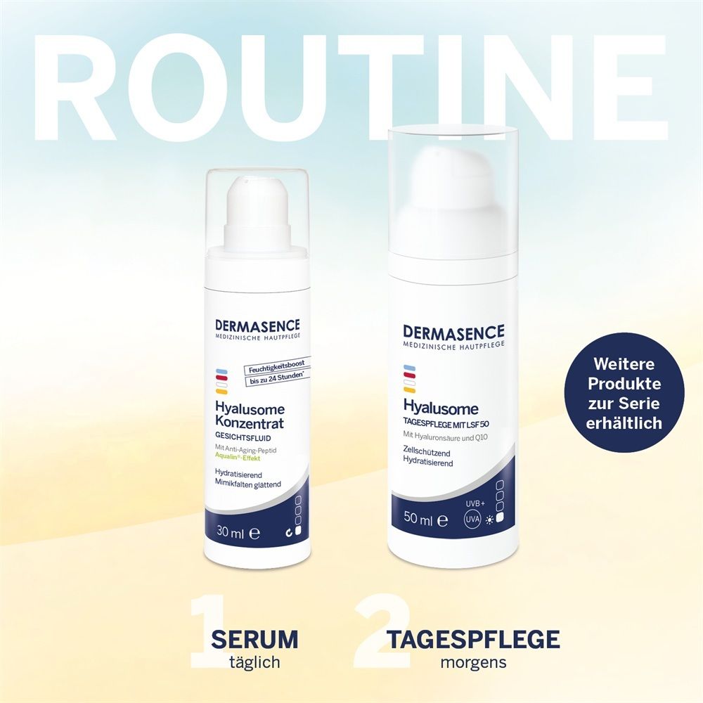 Dermasence Hyalusome Konzentrat Gesichtspflege 30ml und Tagespflege LSF 30 50ml.