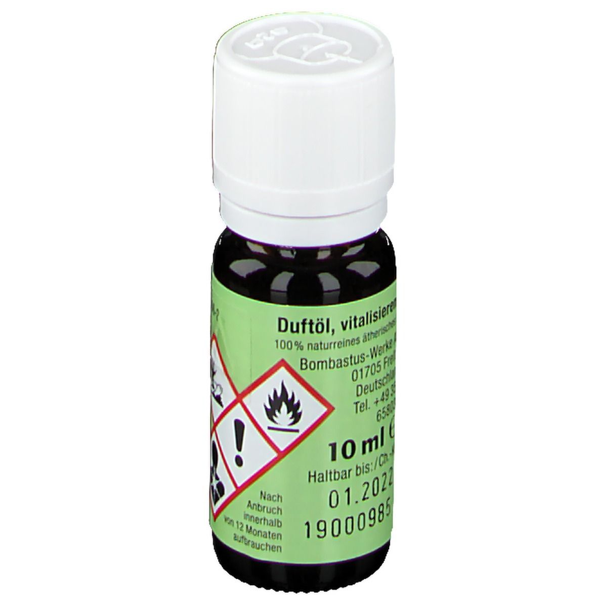 Braune Glasflasche mit weißem Deckel. Etikett mit "Duftöl, vitalisierend" und 10 ml.