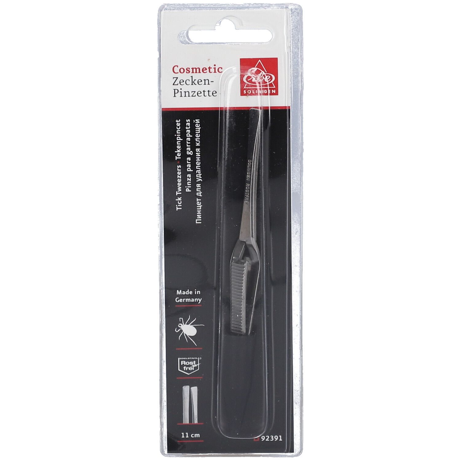 Zeckenpinzette in Blisterverpackung. Produktname und Marke sichtbar. 11 cm.