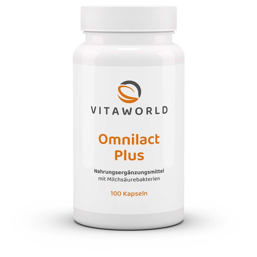Weiße Flasche mit Omnilact Plus. Aufschrift: Vita World, Omnilact Plus, Nahrungsergänzungsmittel, 100 Kapseln.