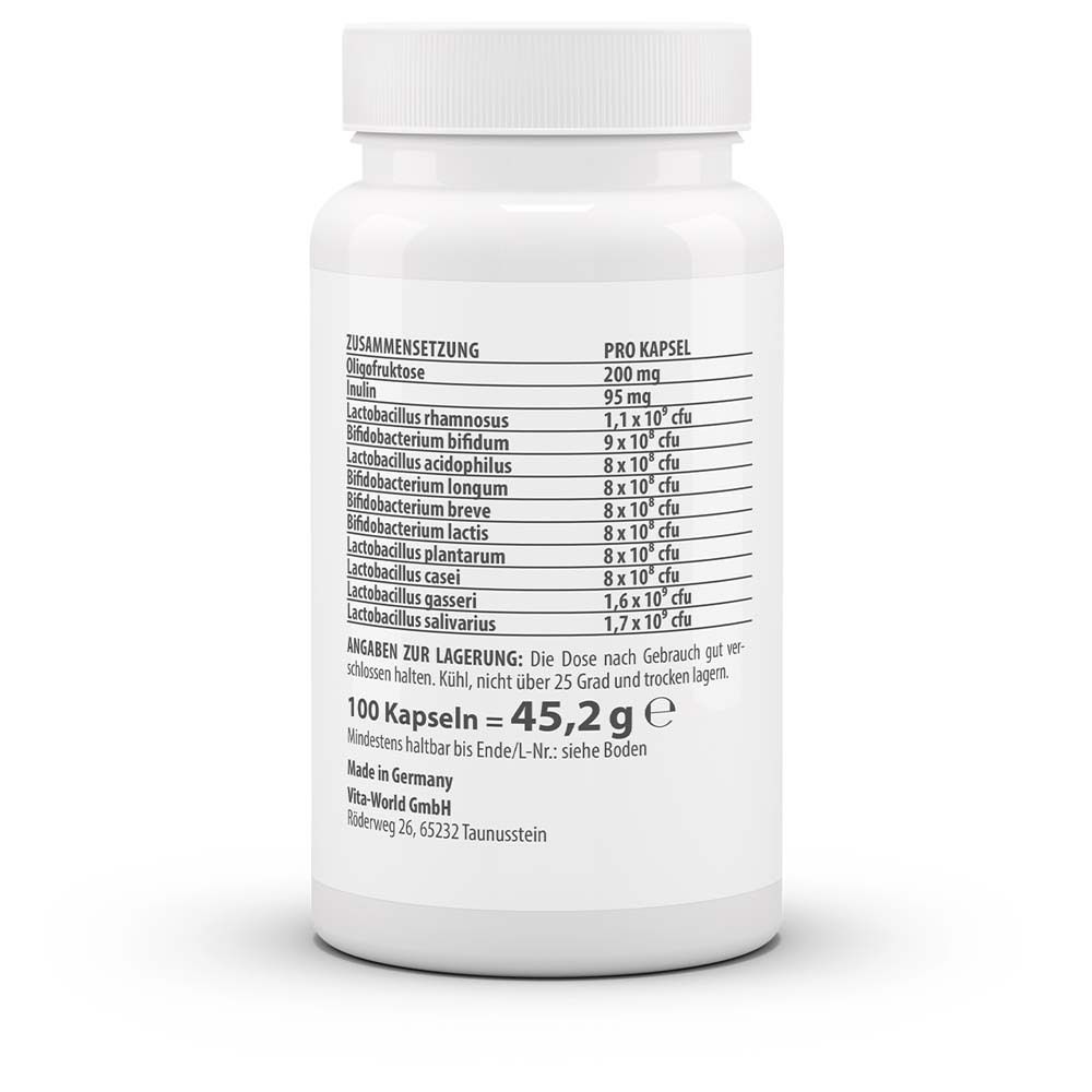 Rückseite der weißen Flasche. Auflistung der Inhaltsstoffe pro Kapsel. 100 Kapseln, 45,2 g. Hergestellt in Deutschland.