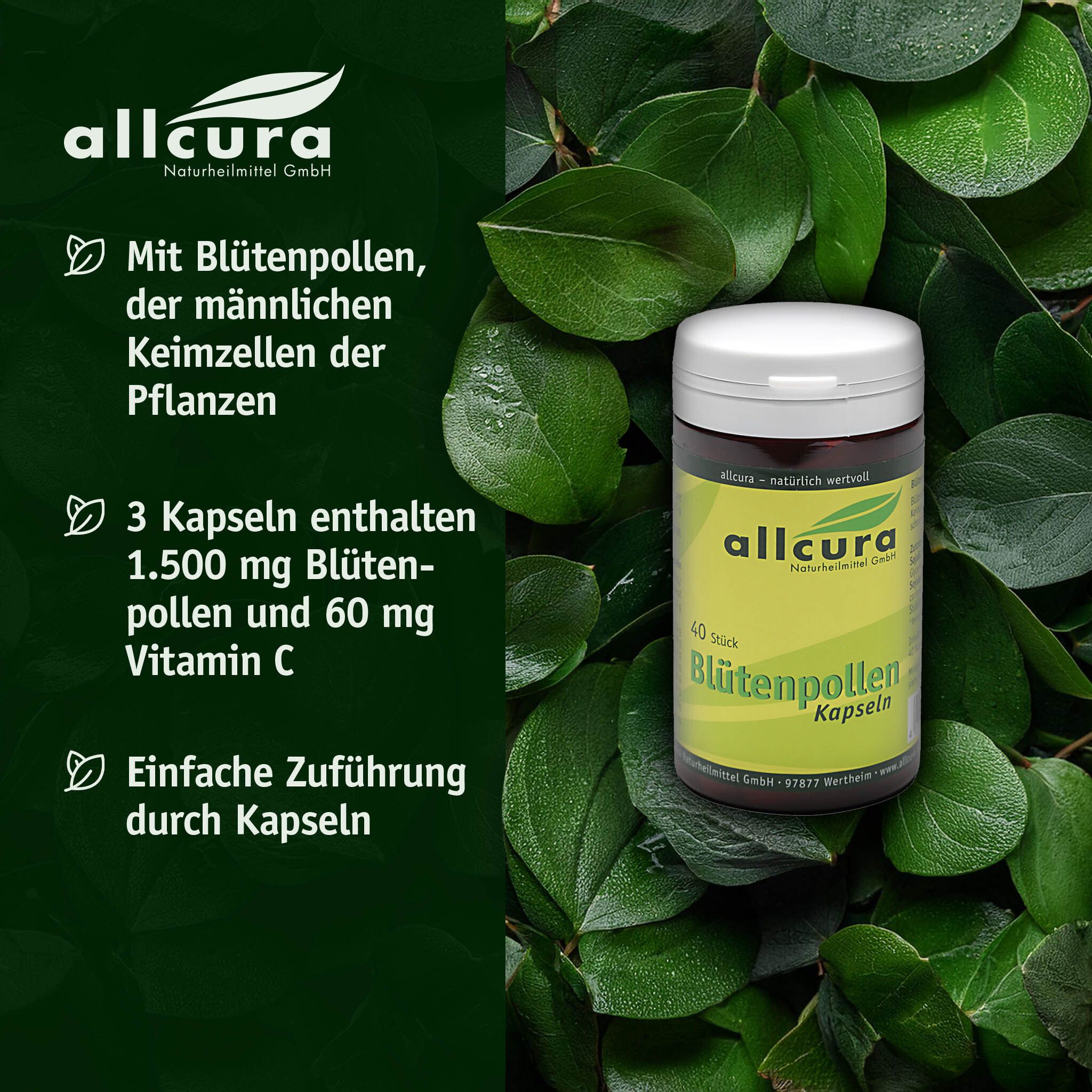 Boîte marron avec couvercle blanc, entourée de feuilles. Inscription: allcura Blütenpollen Kapseln. 40 pièces.
