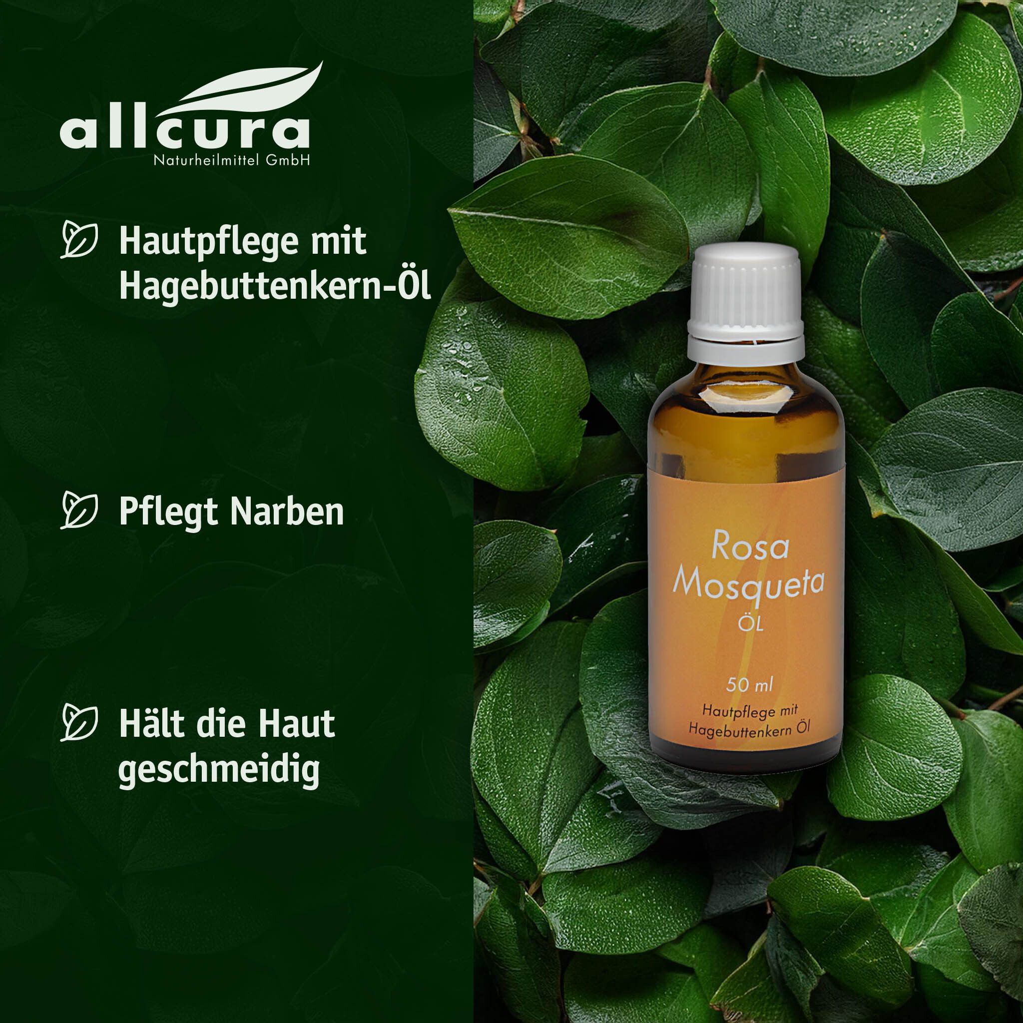 allcura Rosa Mosqueta Öl Flasche, umgeben von grünen Blättern. Text: Hautpflege, pflegt Narben, geschmeidig.