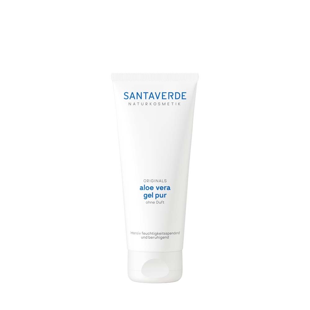 Tube blanc avec logo SANTAVERDE et inscription Aloe vera gel pur sans parfum. Soin de la peau.