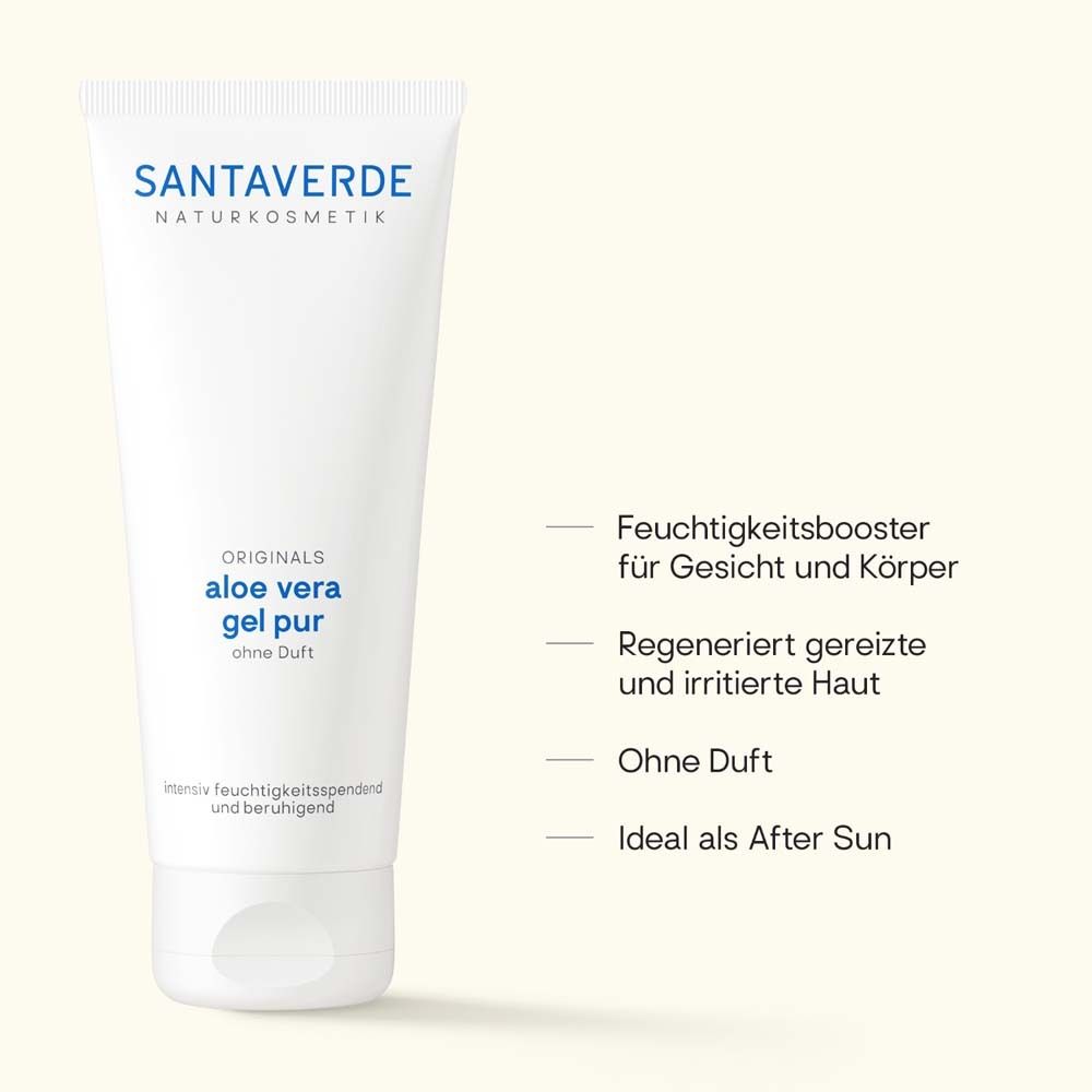 Tube blanc avec logo SANTAVERDE et inscription Aloe vera gel pur sans parfum. Texte: booster hydratant, après-soleil.