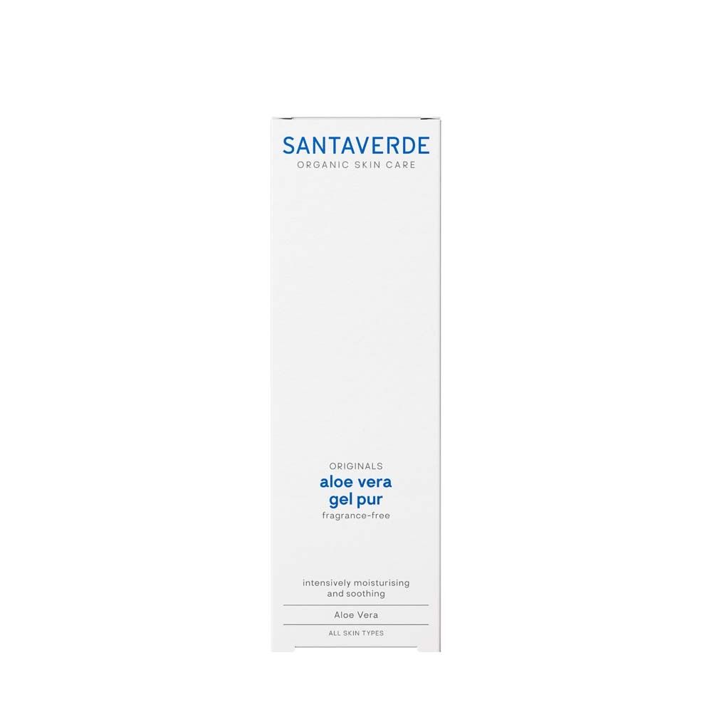 Emballage blanc avec logo SANTAVERDE et inscription Aloe vera gel pur sans parfum. Pour tous types de peau.