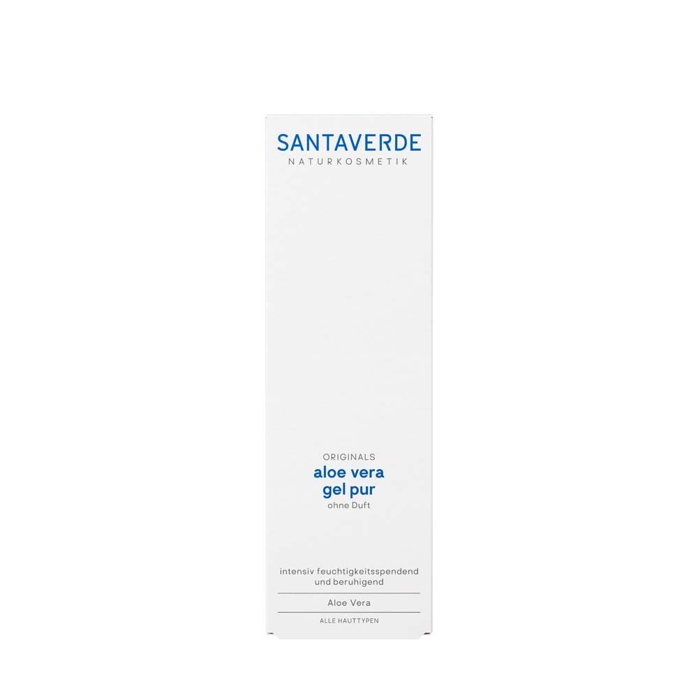 Emballage blanc avec logo SANTAVERDE et inscription Aloe vera gel pur sans parfum. Pour tous types de peau.