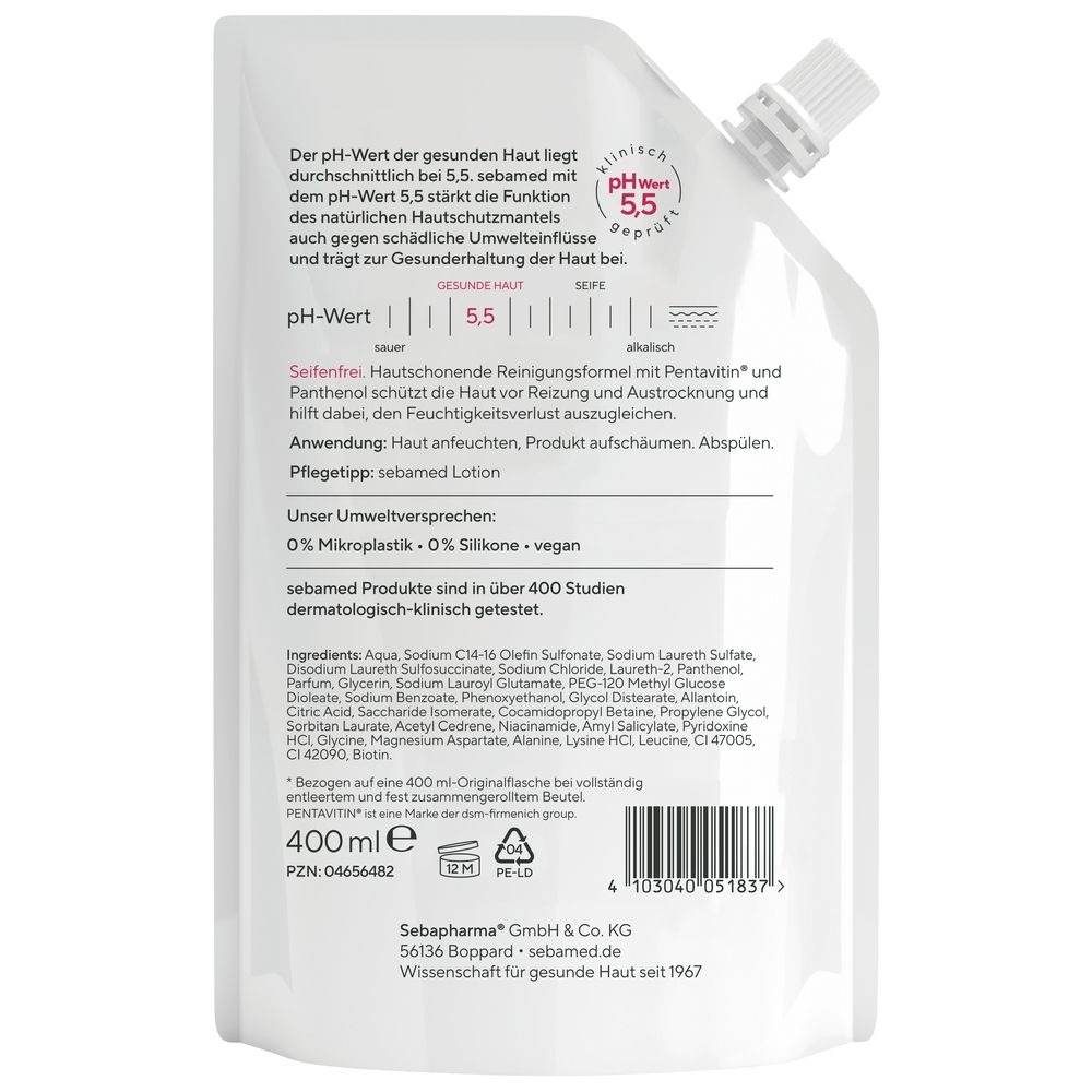 Dos du sachet de recharge sebamed® Flüssig Wasch-Emulsion. Texte sur le pH, les ingrédients, l'utilisation. 400 ml. Informations fabricant et code-barres.