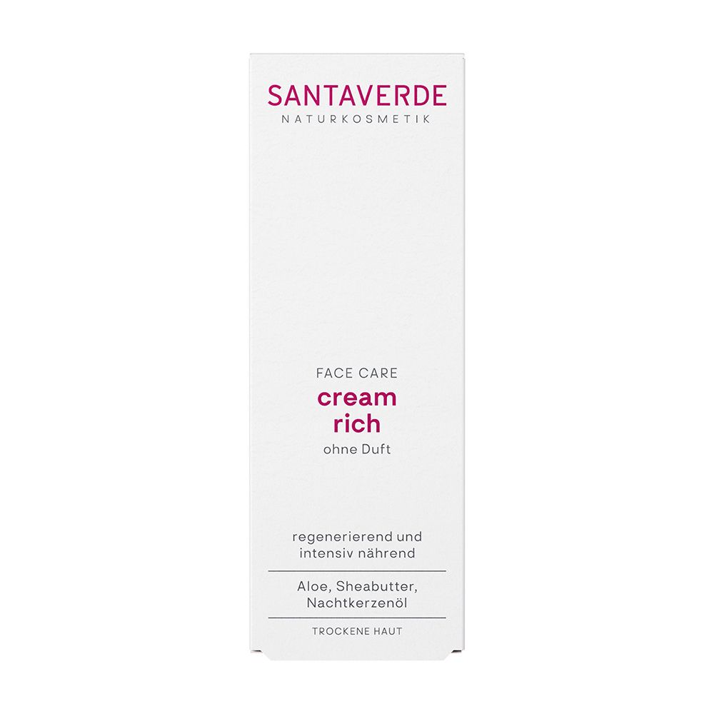 Emballage : SANTAVERDE Aloe Vera Crème riche sans parfum, avec ingrédients.