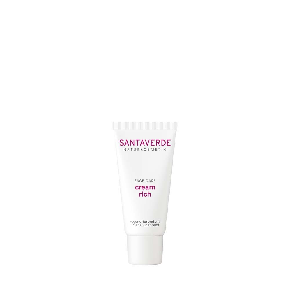 Tube blanche avec logo SANTAVERDE et nom du produit. Soin visage crème riche. Régénérant et nourrissant intensément.