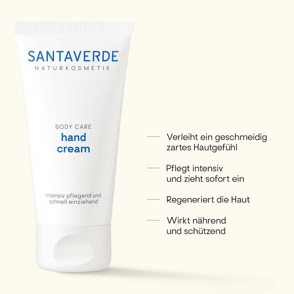 Weiße Tube SANTAVERDE Handcreme. Text mit Eigenschaften: geschmeidig, pflegend, regenerierend, schützend.
