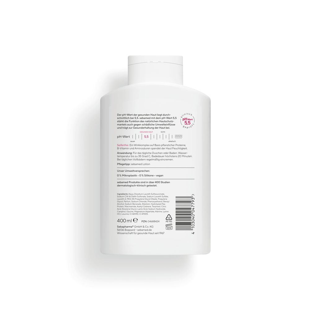 Dos d'un flacon blanc. Informations textuelles et ingrédients. Inscription: 400 ml. Valeur pH 5,5.