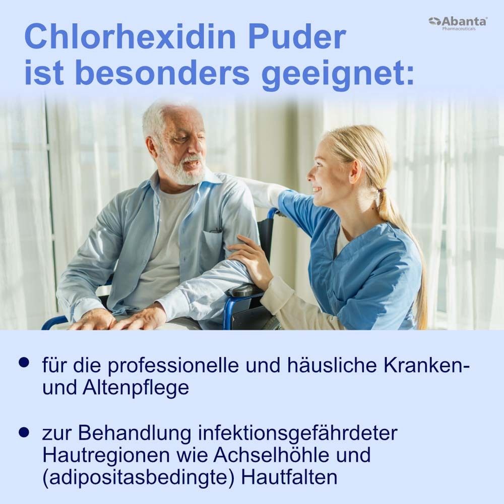 Älterer Mann im Rollstuhl und eine Frau. Text: Chlorhexidin Puder ist besonders geeignet: für die professionelle Krankenpflege.