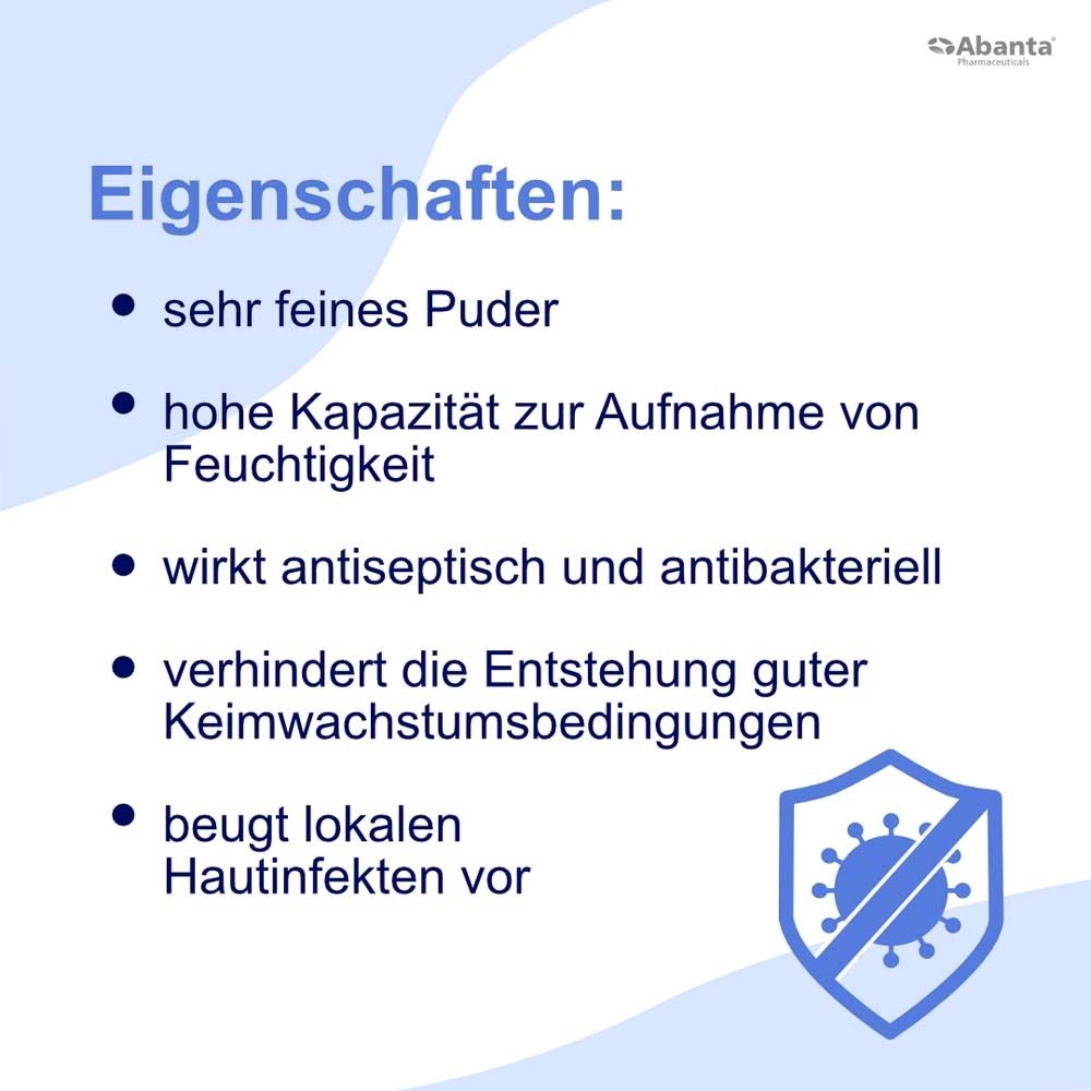 Grafik mit Eigenschaften von Chlorhexidin Puder. Sehr feines Puder, hohe Kapazität, wirkt antiseptisch, verhindert Keimwachstum.