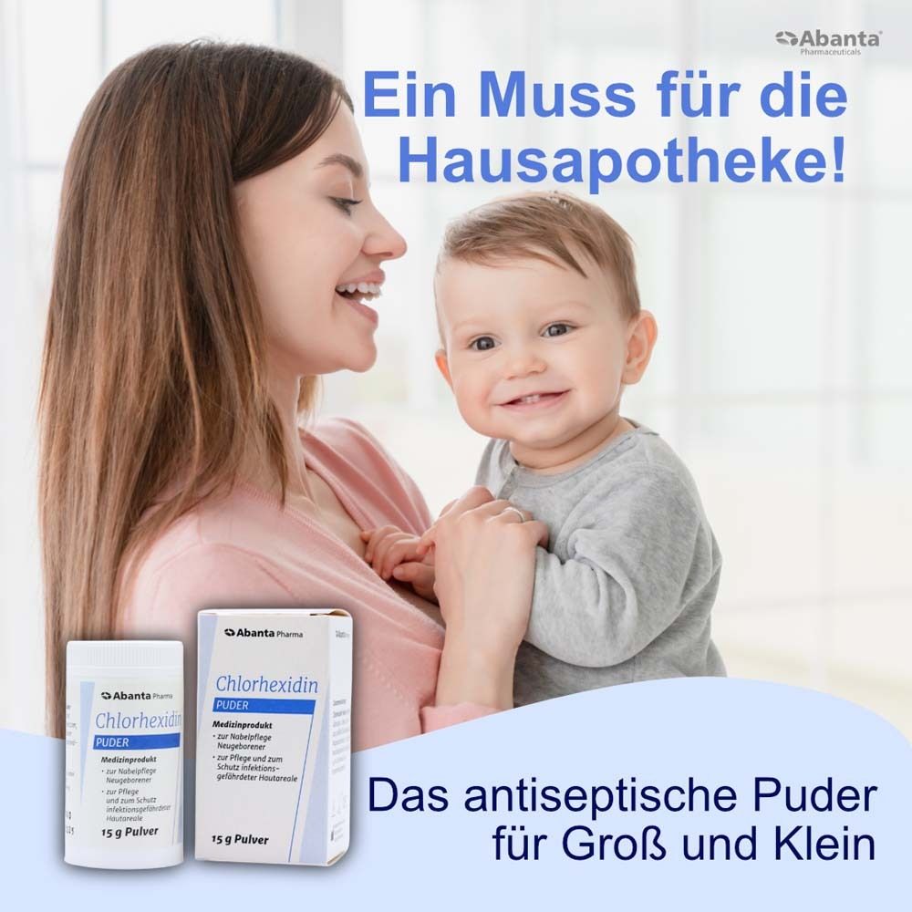 Mutter und Baby mit zwei Packungen Chlorhexidin Puder. Text: Das antiseptische Puder für Groß und Klein.