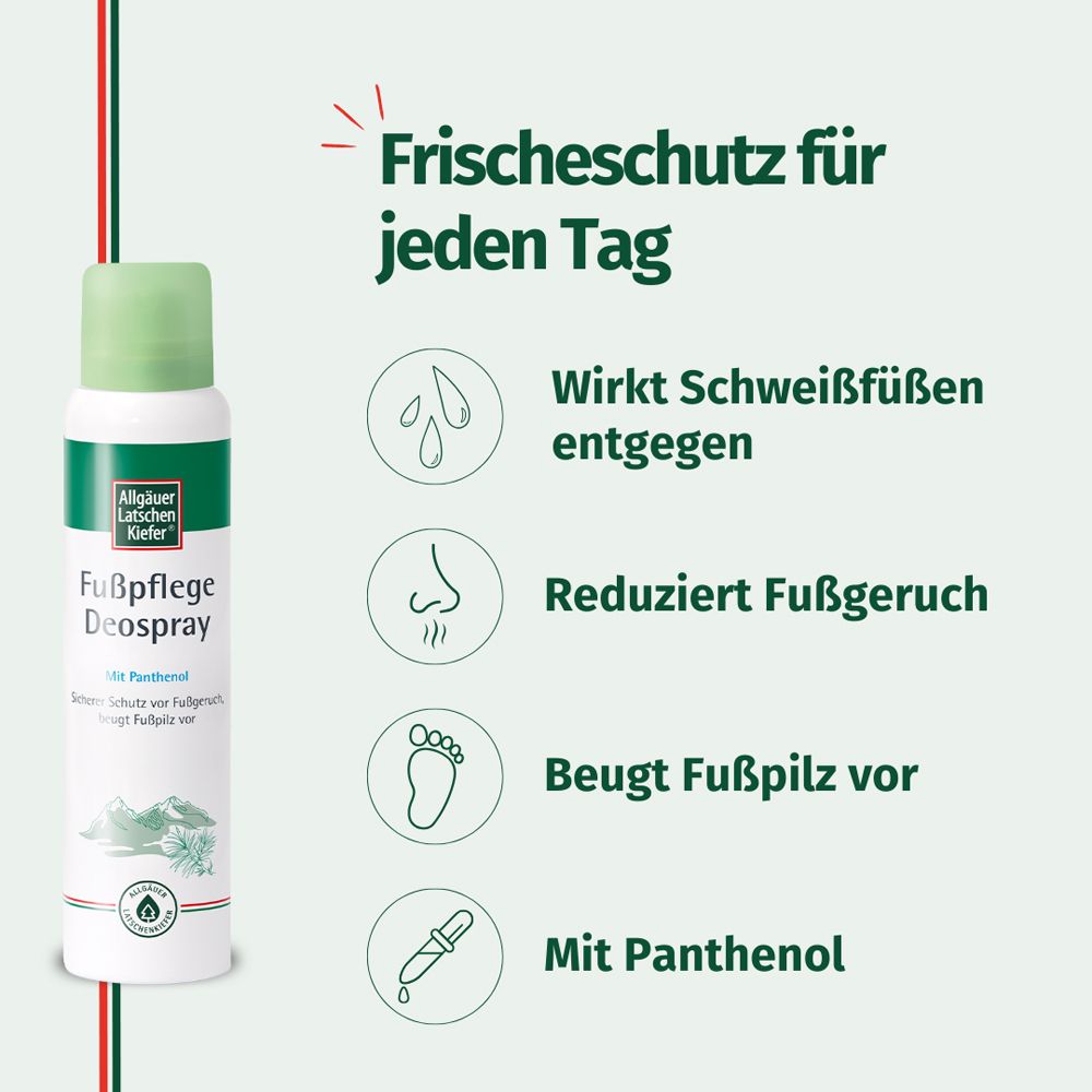 Allgäuer Latschenkiefer Fußpflege Deospray mit Icons für Frischeschutz, gegen Schweißfüße, Geruch und Pilz, mit Panthenol.