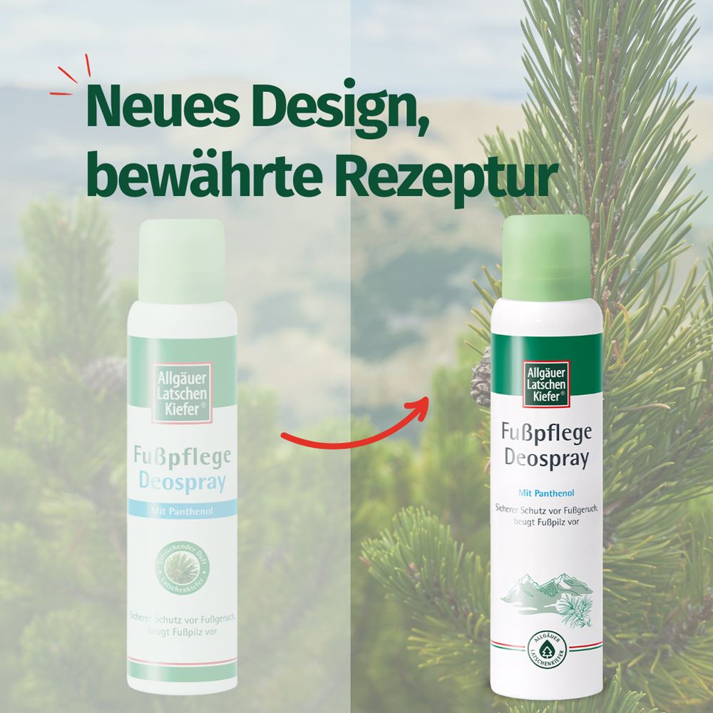 Vergleich von altem und neuem Design des Allgäuer Latschenkiefer Fußpflege Deosprays vor Bergkulisse.