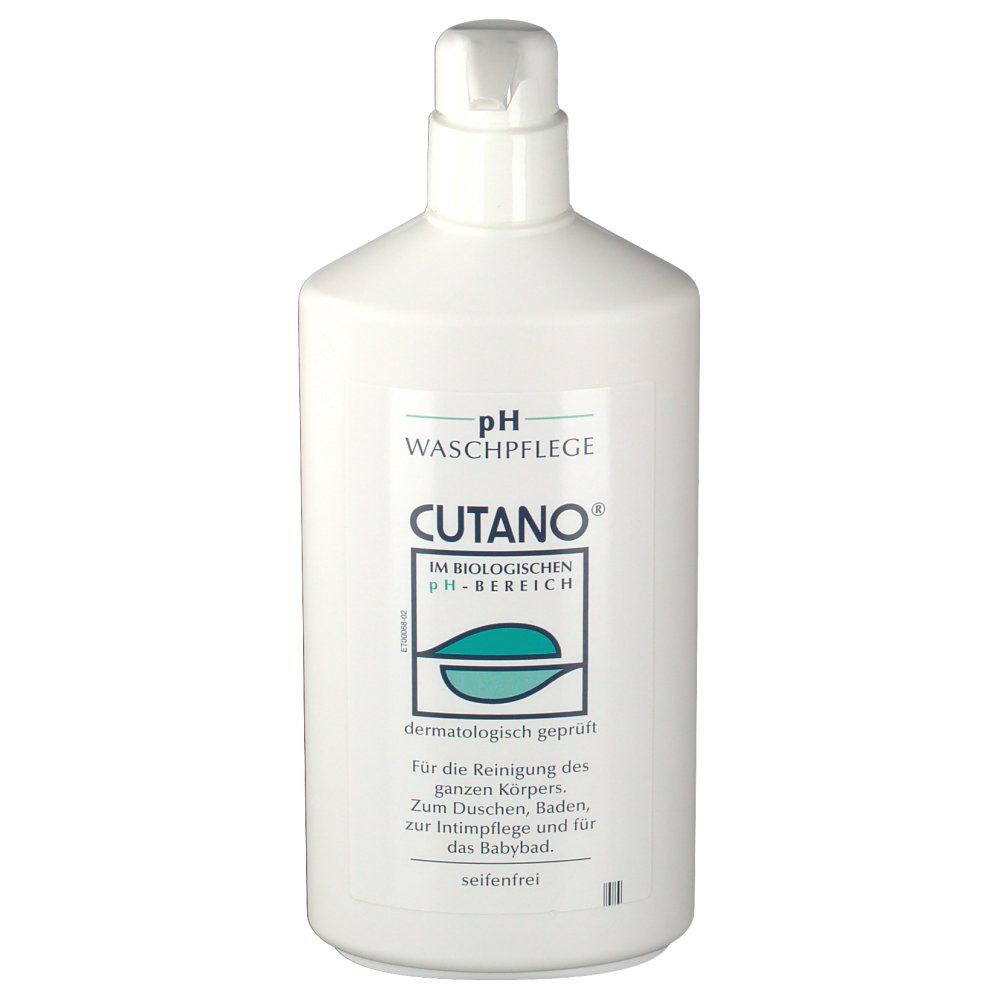 Weiße Flasche mit Dosierkopf. Aufschrift: Cutano Waschpflege, pH-Bereich, dermatologisch geprüft. Seifenfrei.