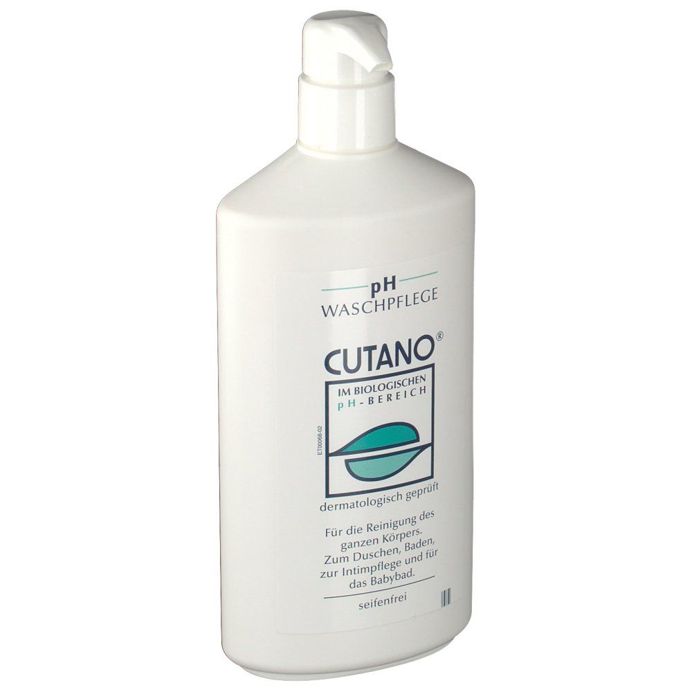 Weiße Flasche mit Dosierkopf. Aufschrift: Cutano Waschpflege, pH-Bereich, dermatologisch geprüft. Seifenfrei.