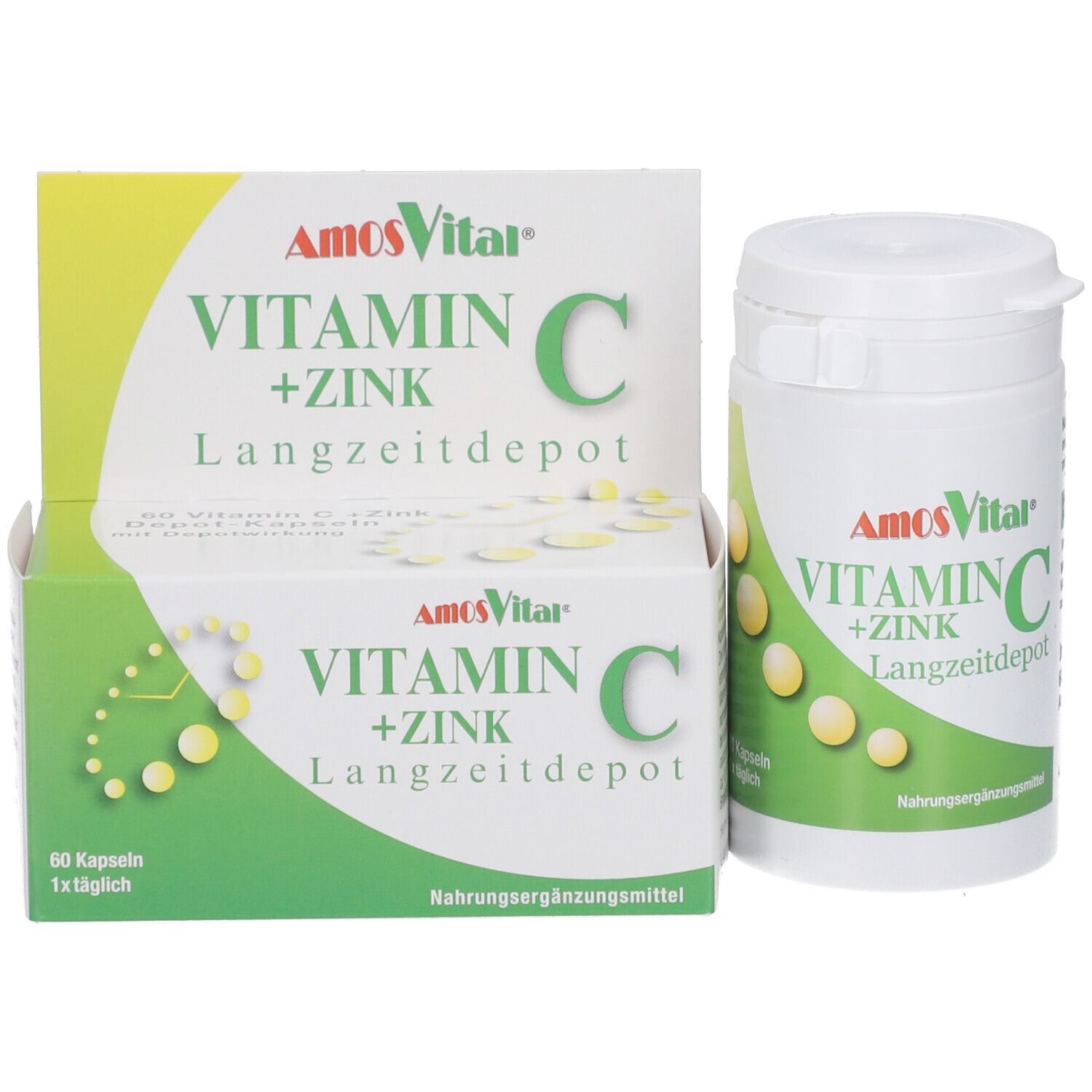 AmosVital Vitamine C+Zinc gélules, boîte et étui. Étui avec texte et gélules jaunes.
