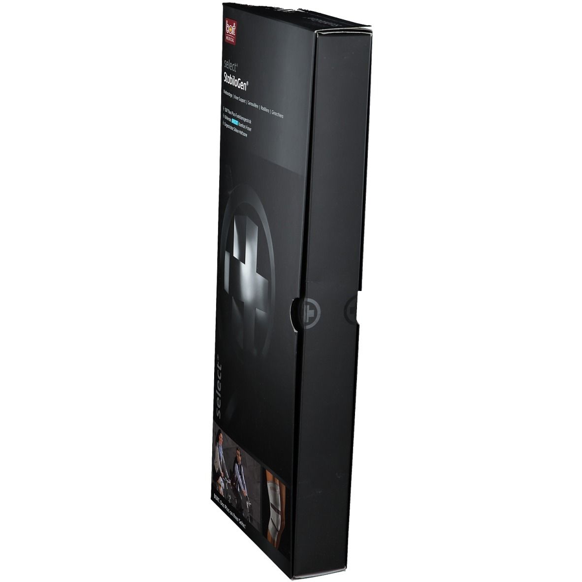 Emballage noir, vue latérale. Inscription : BORT select StabiloGen®. Logo et nom du produit.