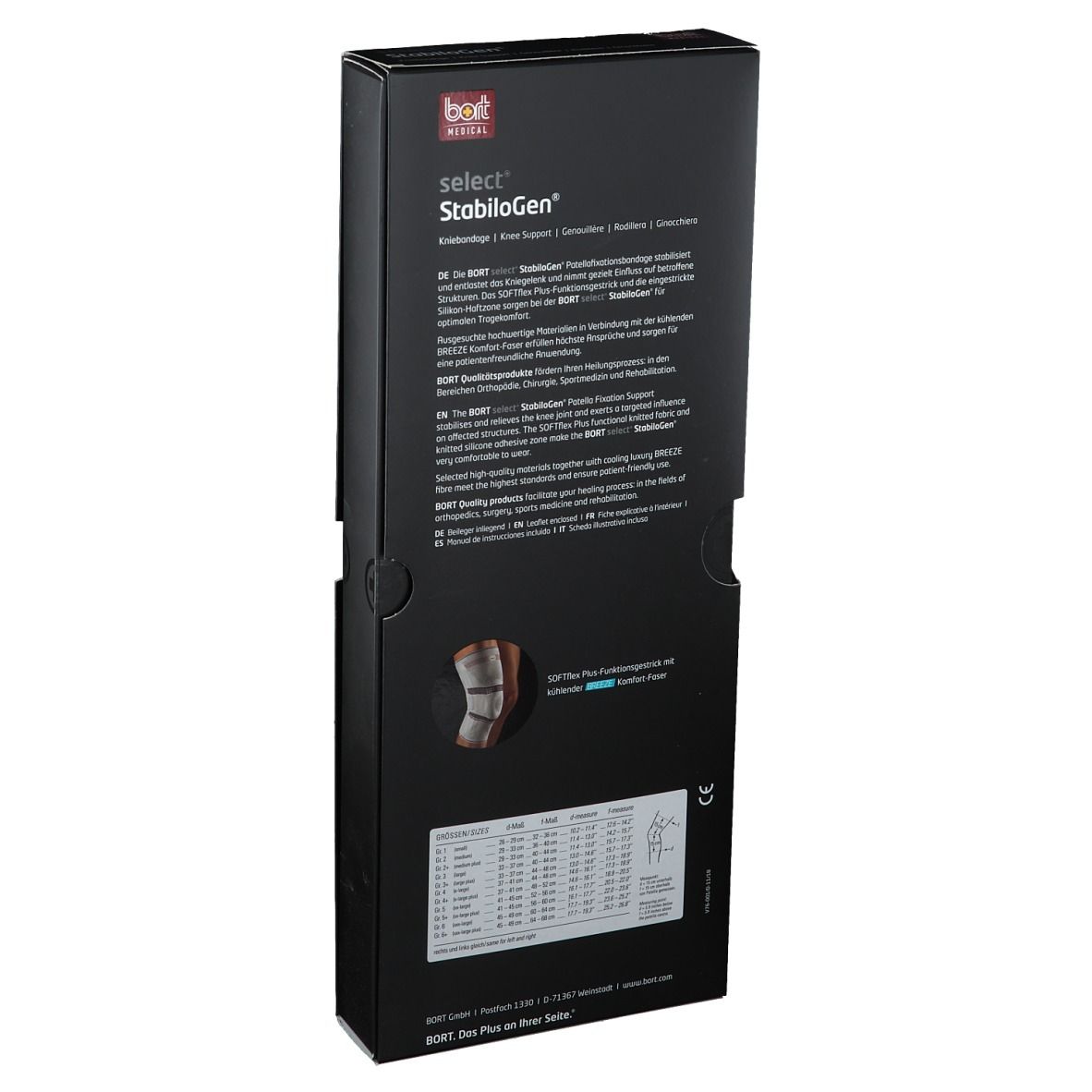 Emballage noir, dos. Inscription : BORT select StabiloGen®. Image du produit et texte.