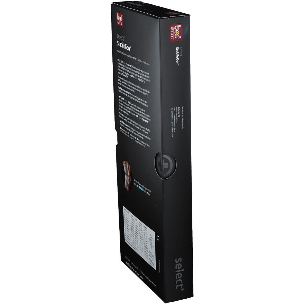Emballage noir, vue latérale. Inscription : BORT select StabiloGen®. Image du produit et texte.