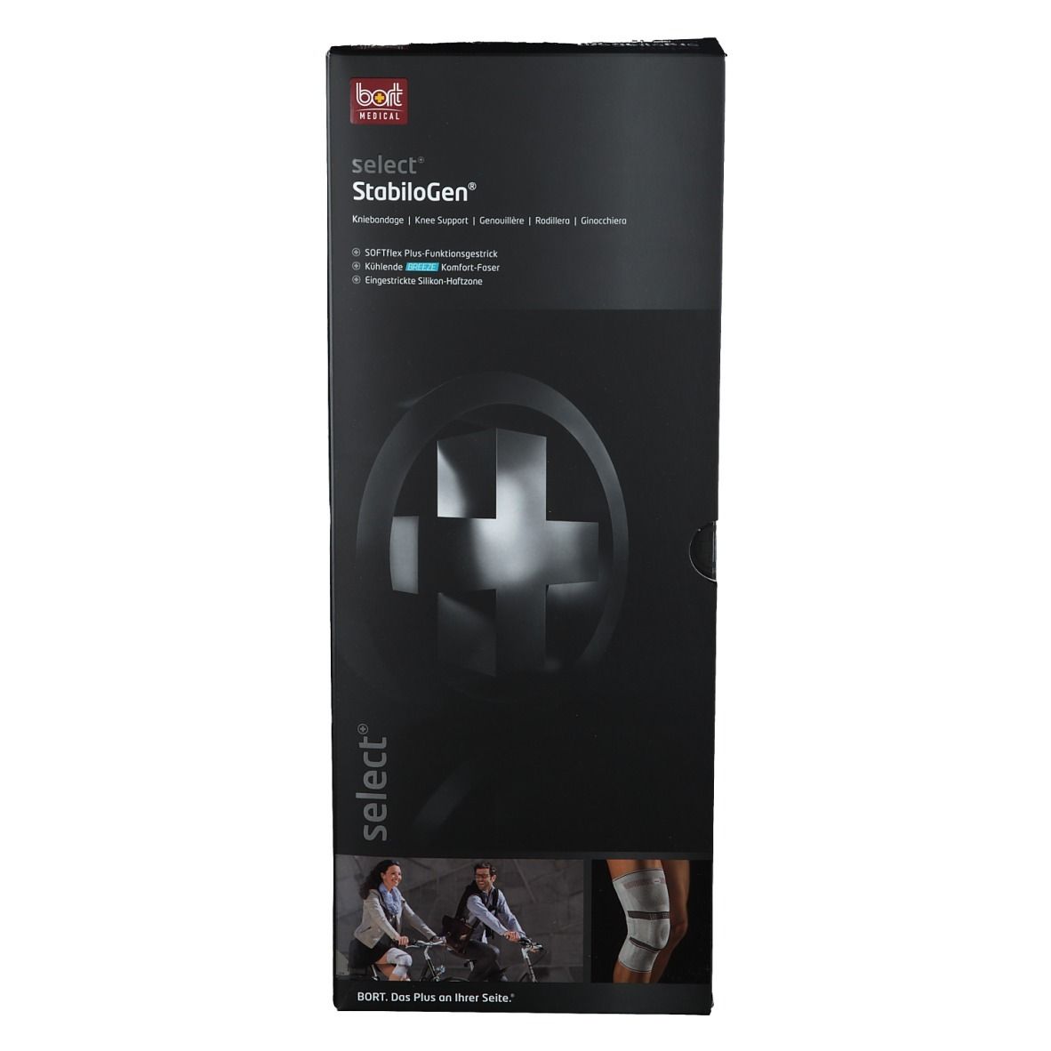 Emballage noir, face avant. Inscription : BORT select StabiloGen®. Image du produit et texte.