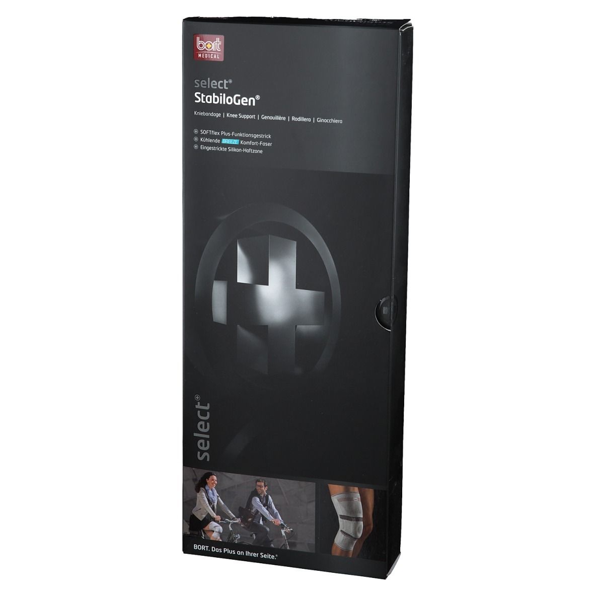 Emballage noir, face avant. Inscription : BORT select StabiloGen®. Image du produit et texte.