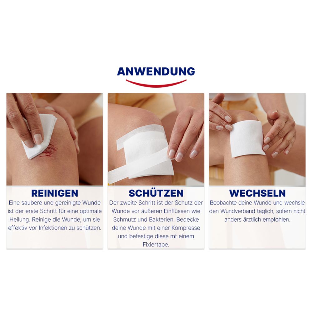 Étapes d'application : Nettoyer, Protéger, Changer. Illustrations montrent nettoyage, protection et changement de pansement sur le genou.