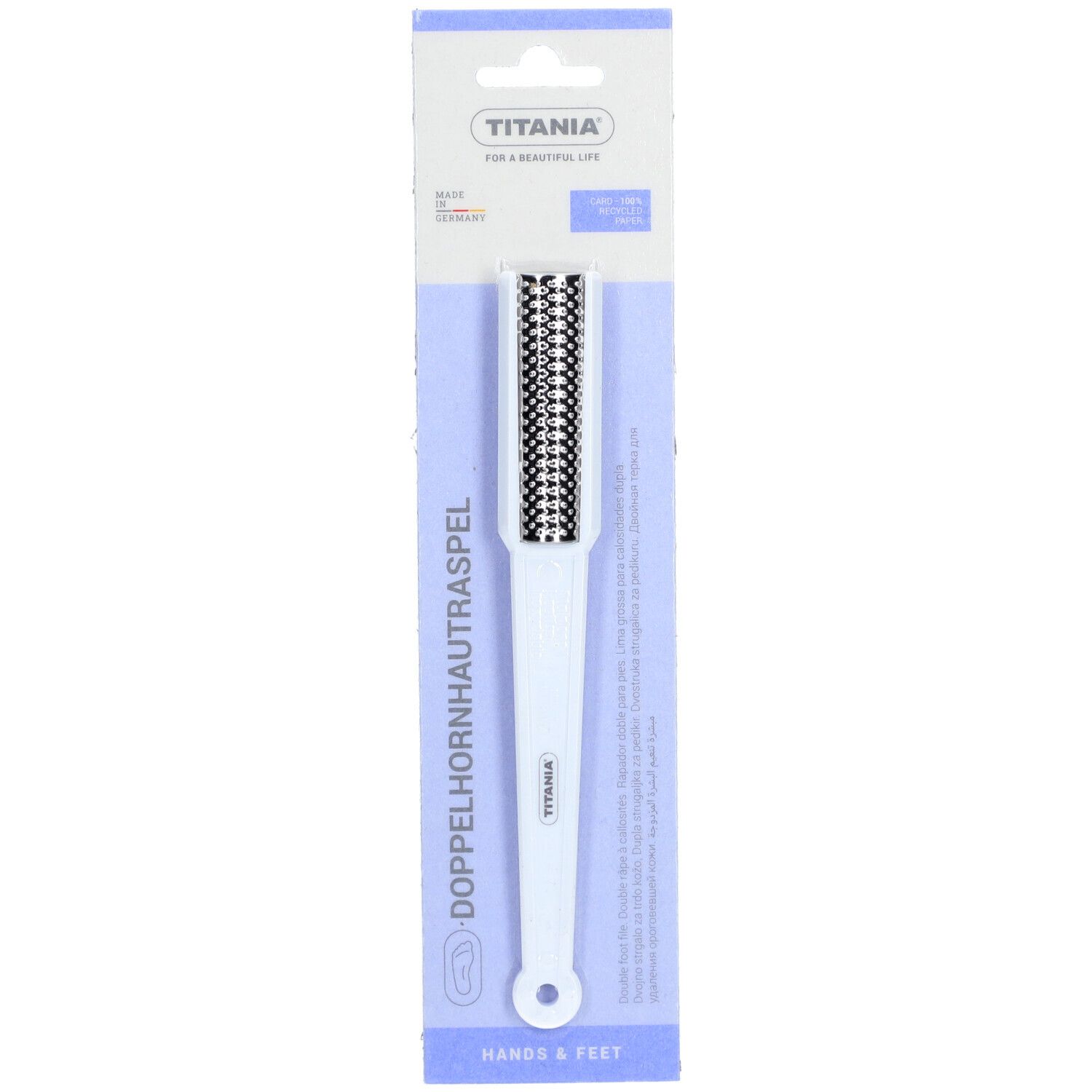 Râpe à corne double avec manche en plastique blanc et râpe en acier inoxydable, en emballage. Marque TITANIA.