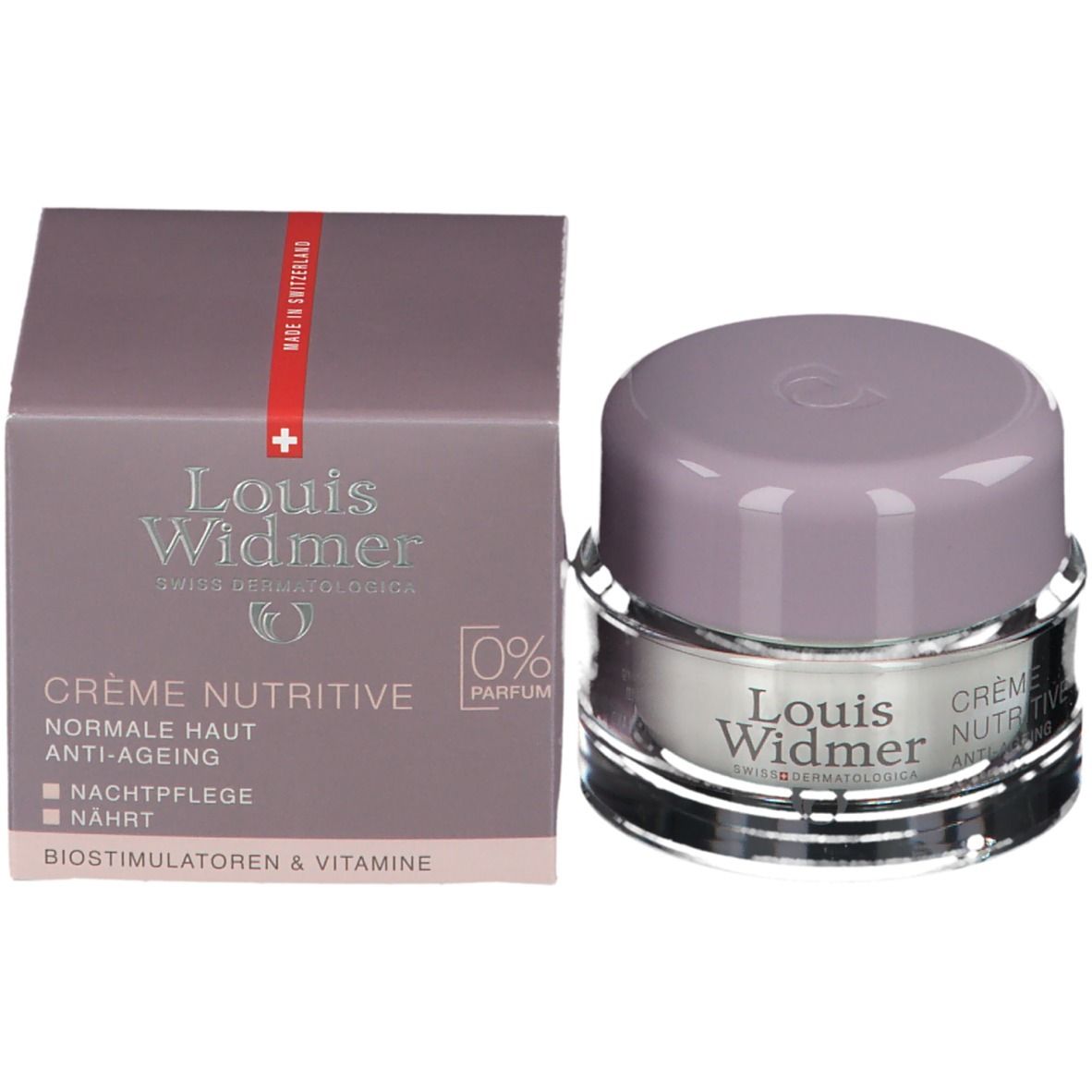 Creme-Tiegel und Schachtel. Auf der Schachtel steht "Louis Widmer" und "Crème Nutritive".