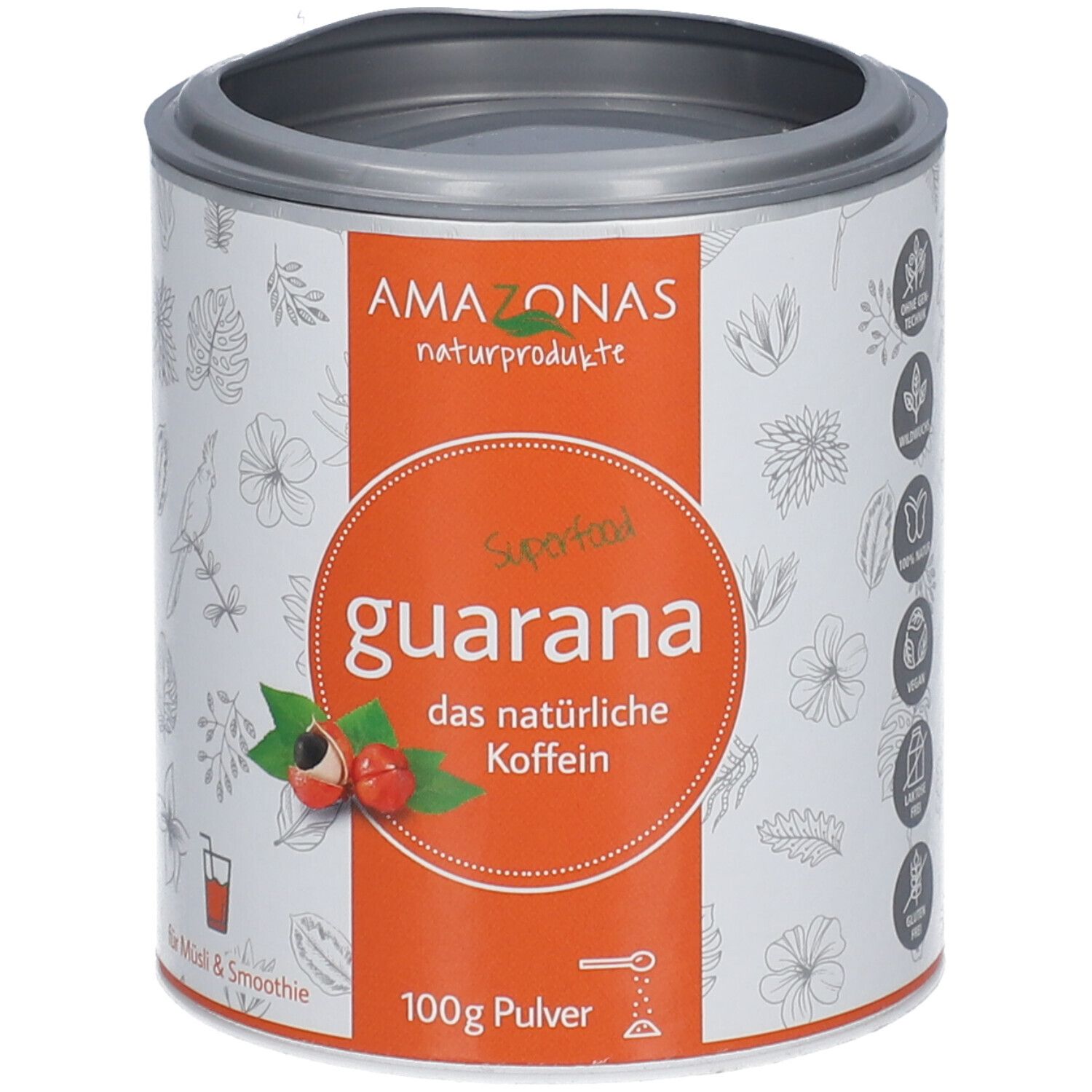 Zylindrische Dose mit Deckel. Aufkleber mit Text und Illustrationen. Marke: AMAZONAS. Aufschrift: Superfood Guarana, das natürliche Koffein. 100g Pulver.